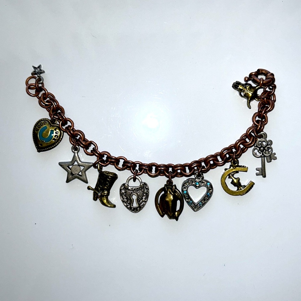 Designer Sweet Romance Equestrian Theme 10 Charm Brass Copper Nickel Bracelet - Picture 2 of 12